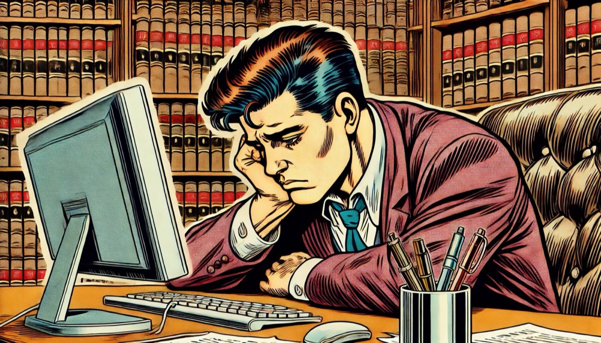 A law firm owner slumped at his desk, worn down by the practice