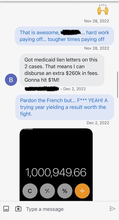Text message about disbursing an extra $260k in fees and hitting $1M, with a calculator showing 1,000,949.66