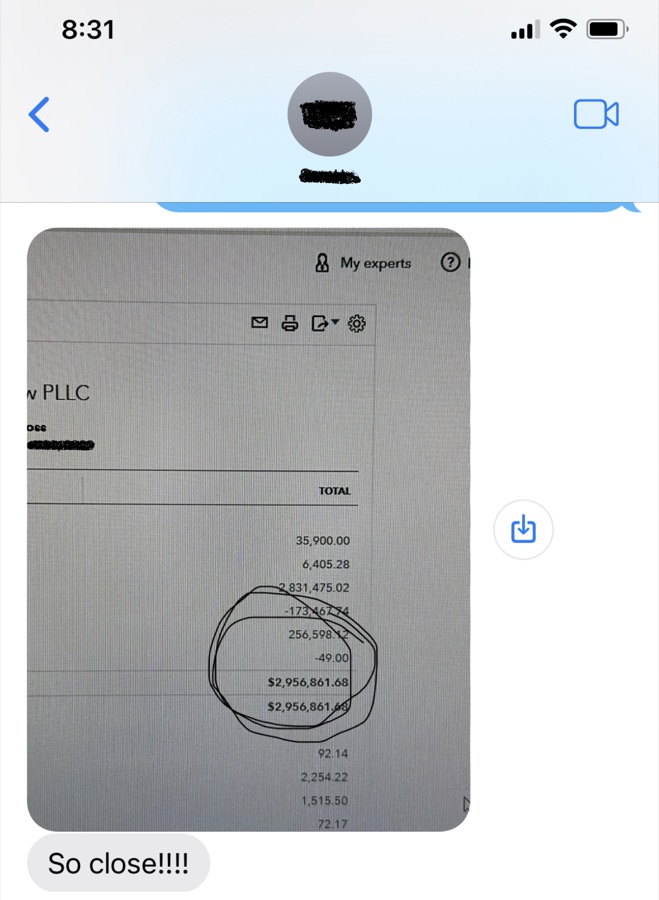 Text message showing a law firm P&L with $2,956,861.68 circled, captioned 'So close!!!!'