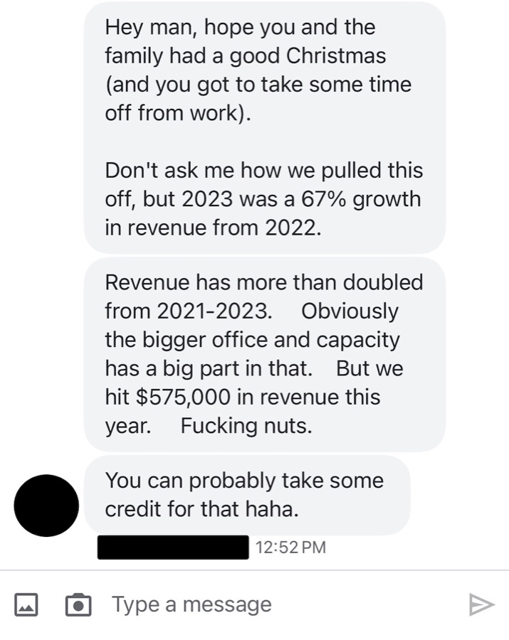 Text message: 2023 was 67% revenue growth over 2022; revenue more than doubled 2021-2023, hitting $575,000