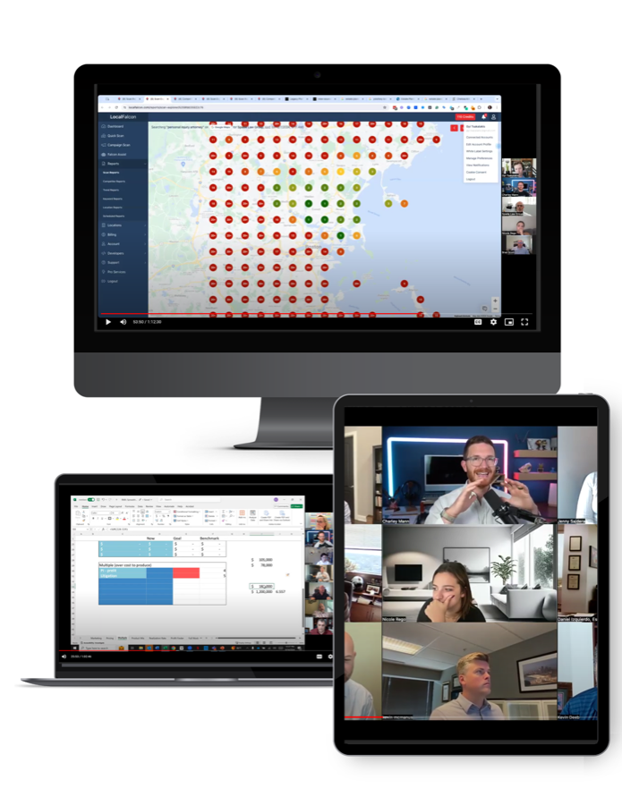 Live Catalyst coaching sessions on screen: a local search rankings review and a firm financials workshop
