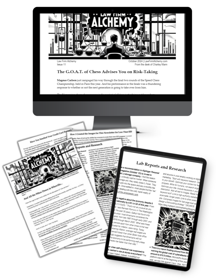 The Law Firm Alchemy Deep Dive print newsletter, shown in print and on screen