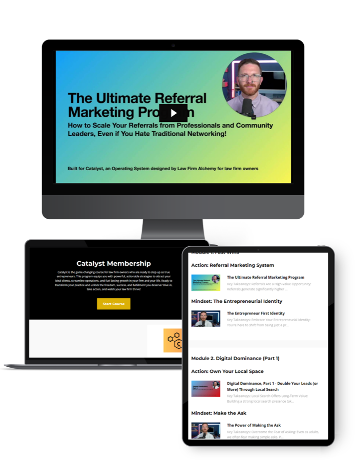 The Catalyst membership platform showing modules and lessons on desktop, laptop and tablet